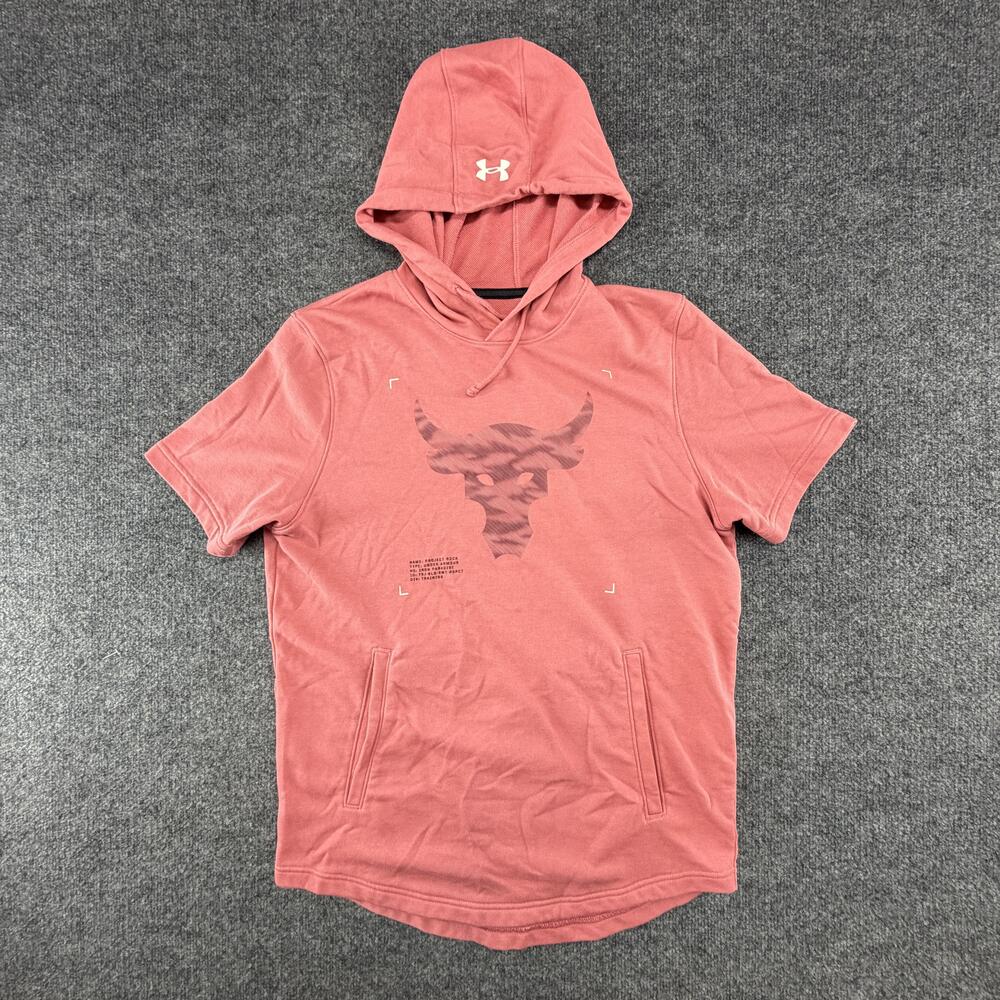 Under Armour Shirt Mens Medium Pink Project Rock Hooded Bull Short Sleeve Dwayne